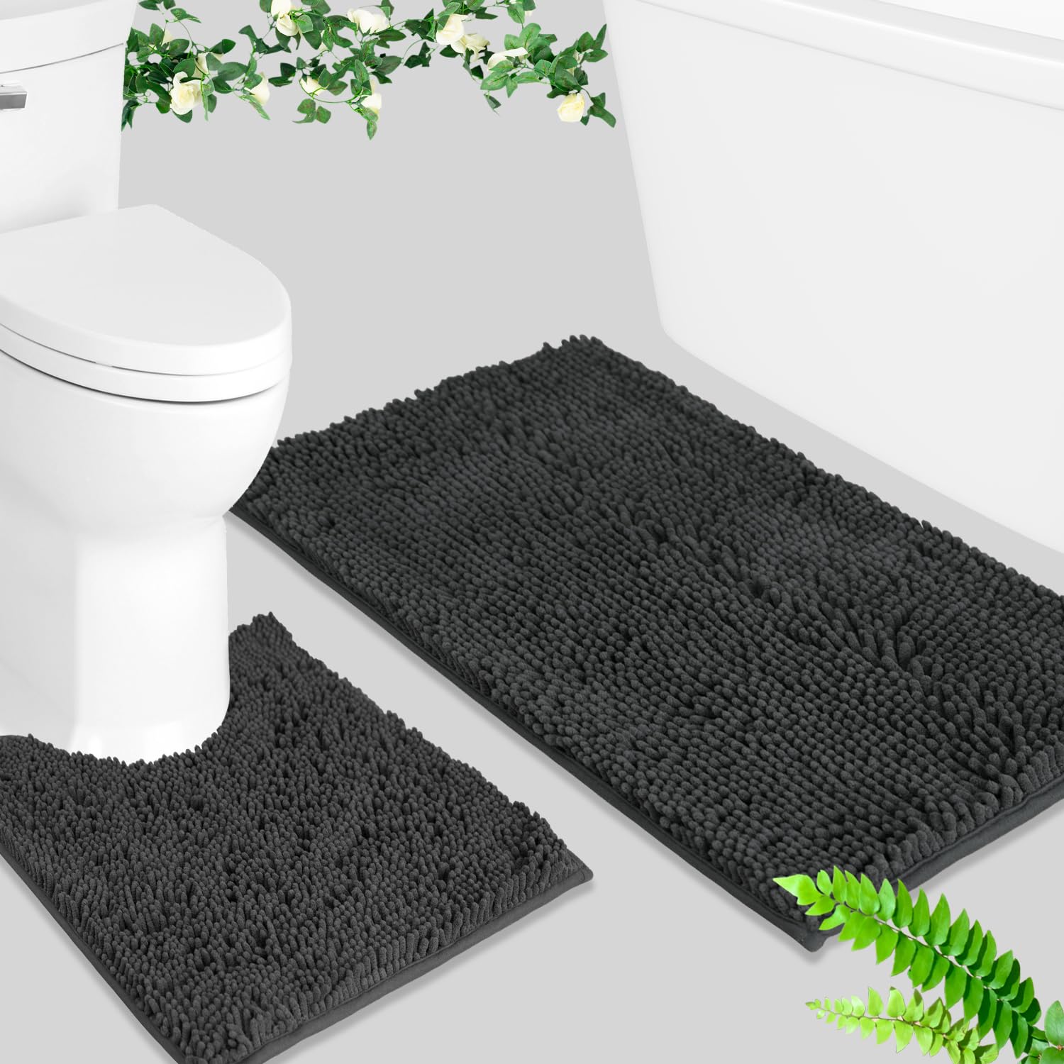 BOANKODU Juego de 2 tapetes de baño de felpilla ultra suave, súper absorbentes, con parte inferior de PVC antideslizante y duradero, lavables a máquina (gris)