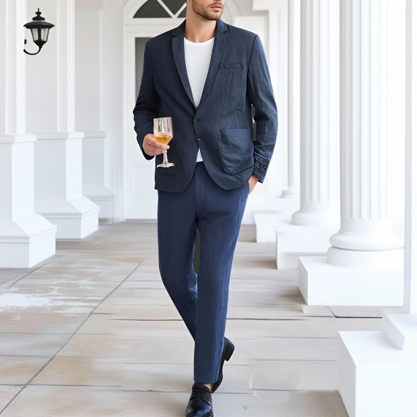 Completo da Uomo in Lino e Cotone, 2 Pezzi, Slim Fit, con Giacca da Smoking e Pantaloni con Coulisse, Completo Estivo Cerimonia Cerimonia per Uomo