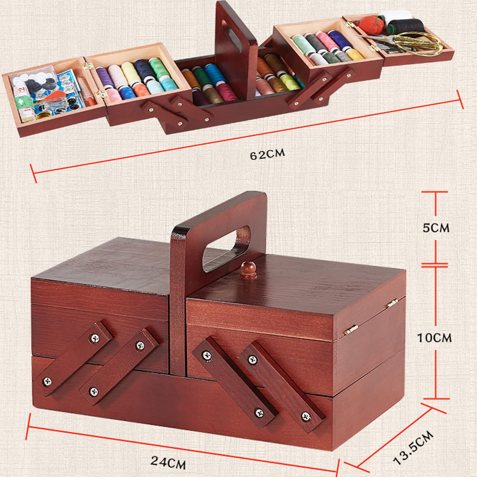 Pudełko Do Szycia, Rzemieślniczy Organizer Hobby Z 3 Szufladami Drewniany Kosz Do Szycia Na Zestawy Do Haftowania Materiały Do Pikowania Zestawy Do Haftu Krzyżykowego (24X13,5X15 Cm)