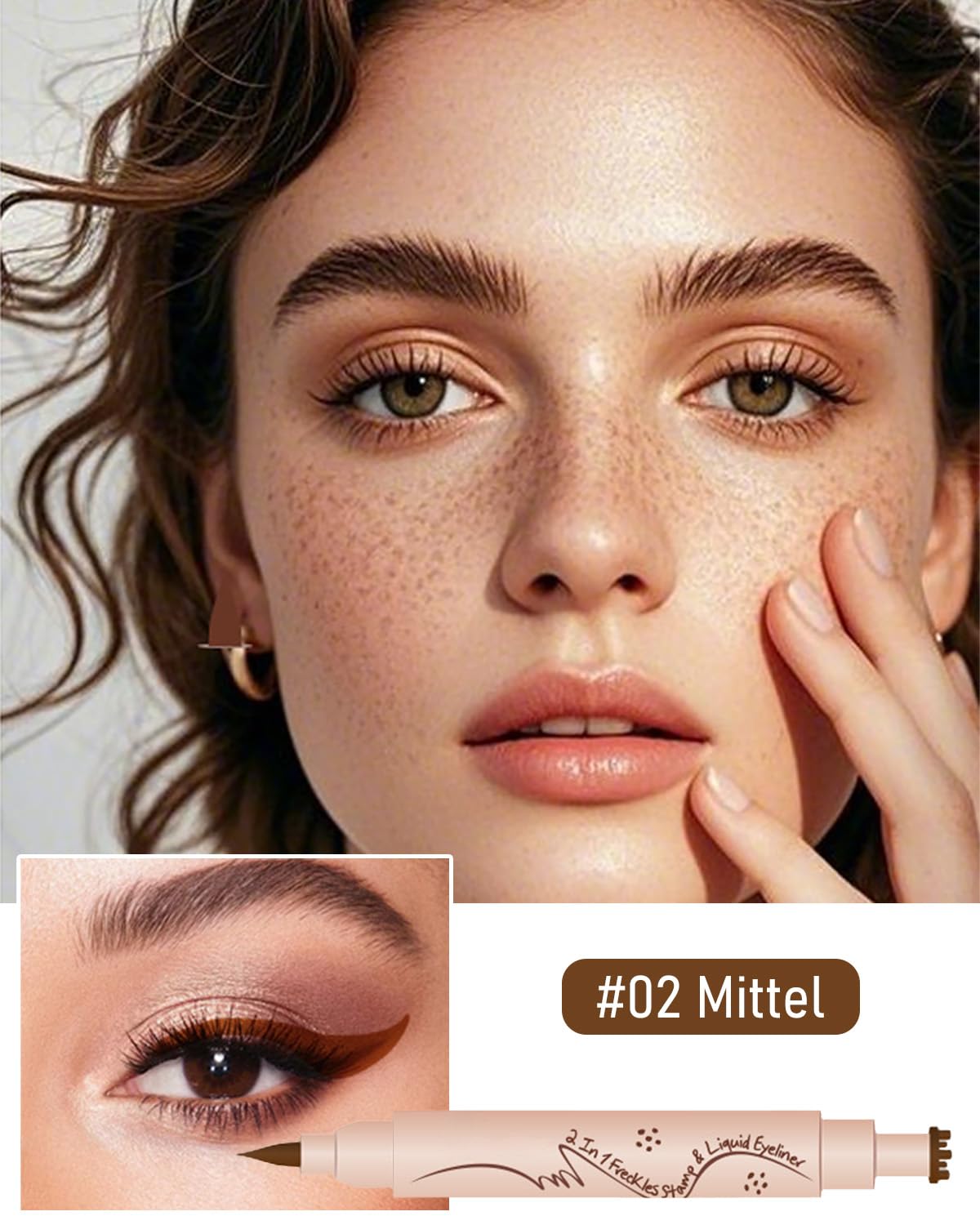 Freckles Pen i eyeliner 2 w 1, naturalnie wyglądający pisak z gąbką, wodoodporny i trwały, do makijażu twarzy i oczu (#02 średni)