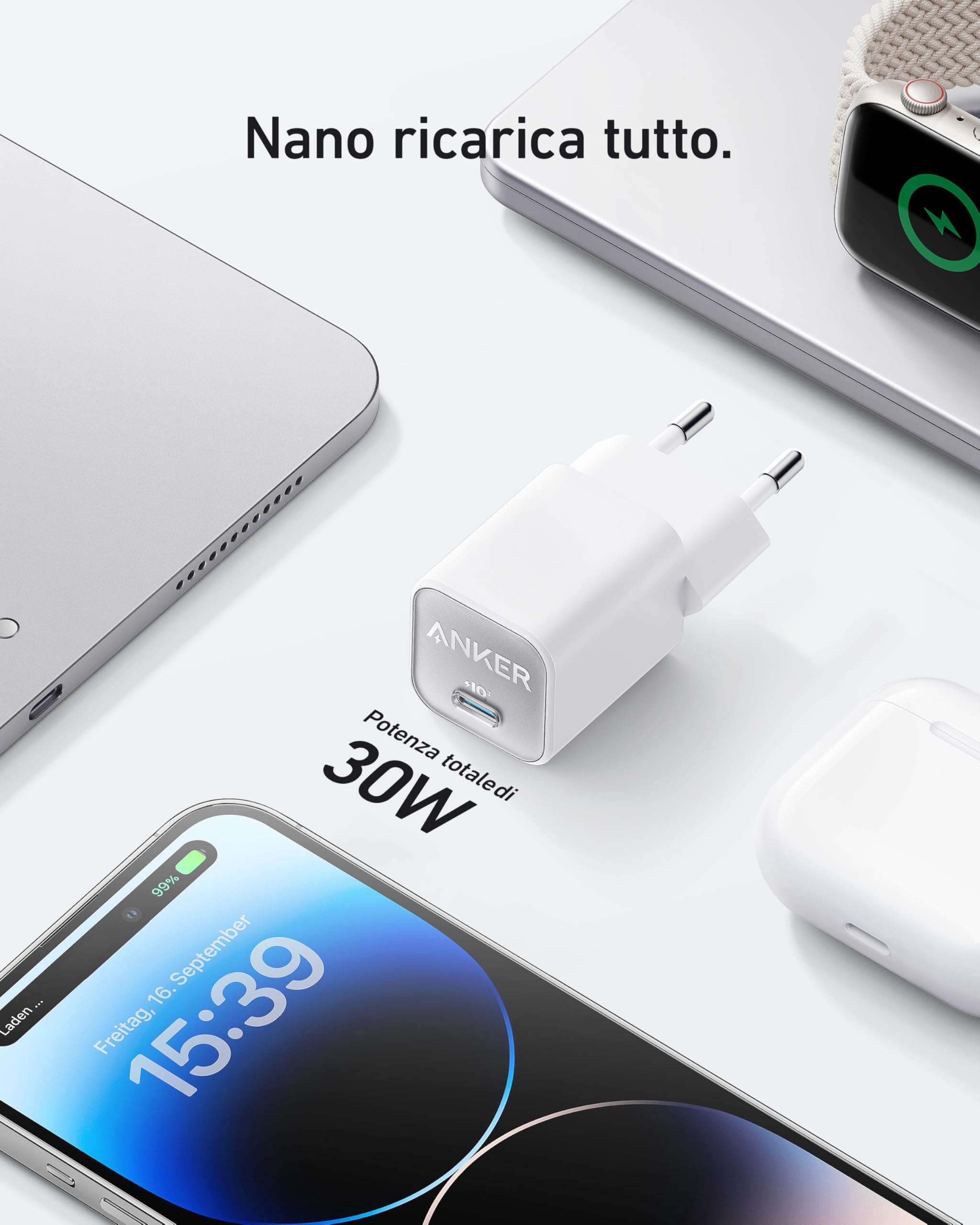 Anker Caricatore iPhone USB C GaN 30W, 511 (Nano 3), Caricabatterie USB C rapido PIQ 3.0 PPS, Compatibile con iPhone 17 Pro Max Air/Serie 16-12,Samsung S25 Ultra,Pixel 4, iPad (Senza Cavo di Ricarica)