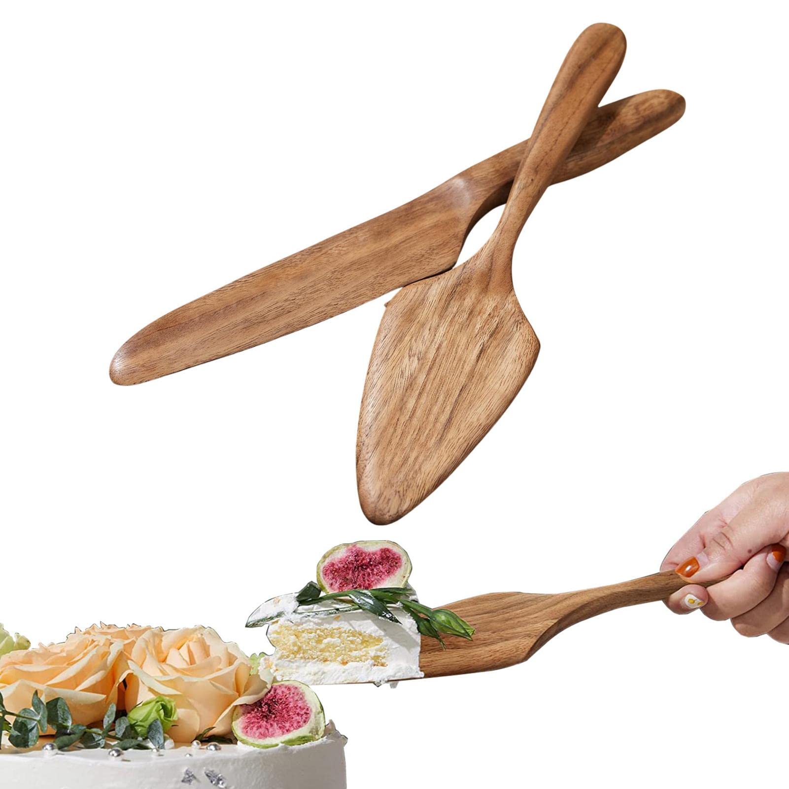 Niktule Wooden Cake Serving Set - Wooden Cake Cutter and Server Set - Wedding Cake Cutting Set Pie or Pastry Serving Set