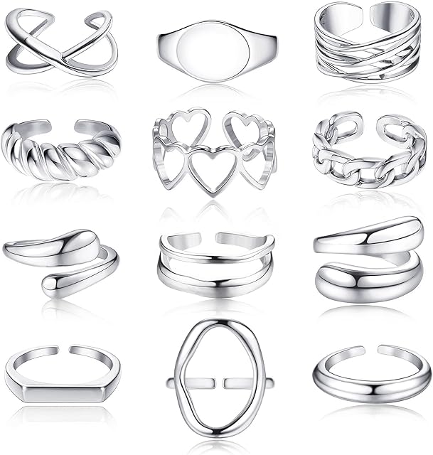 JeryWe 12Pcs Womens Adjustable Stackable Rings Set Bohemian Knuckle Rings for Teen Girls Open Chunky Rings Trendy Twisted Midi Finger Thick Rings