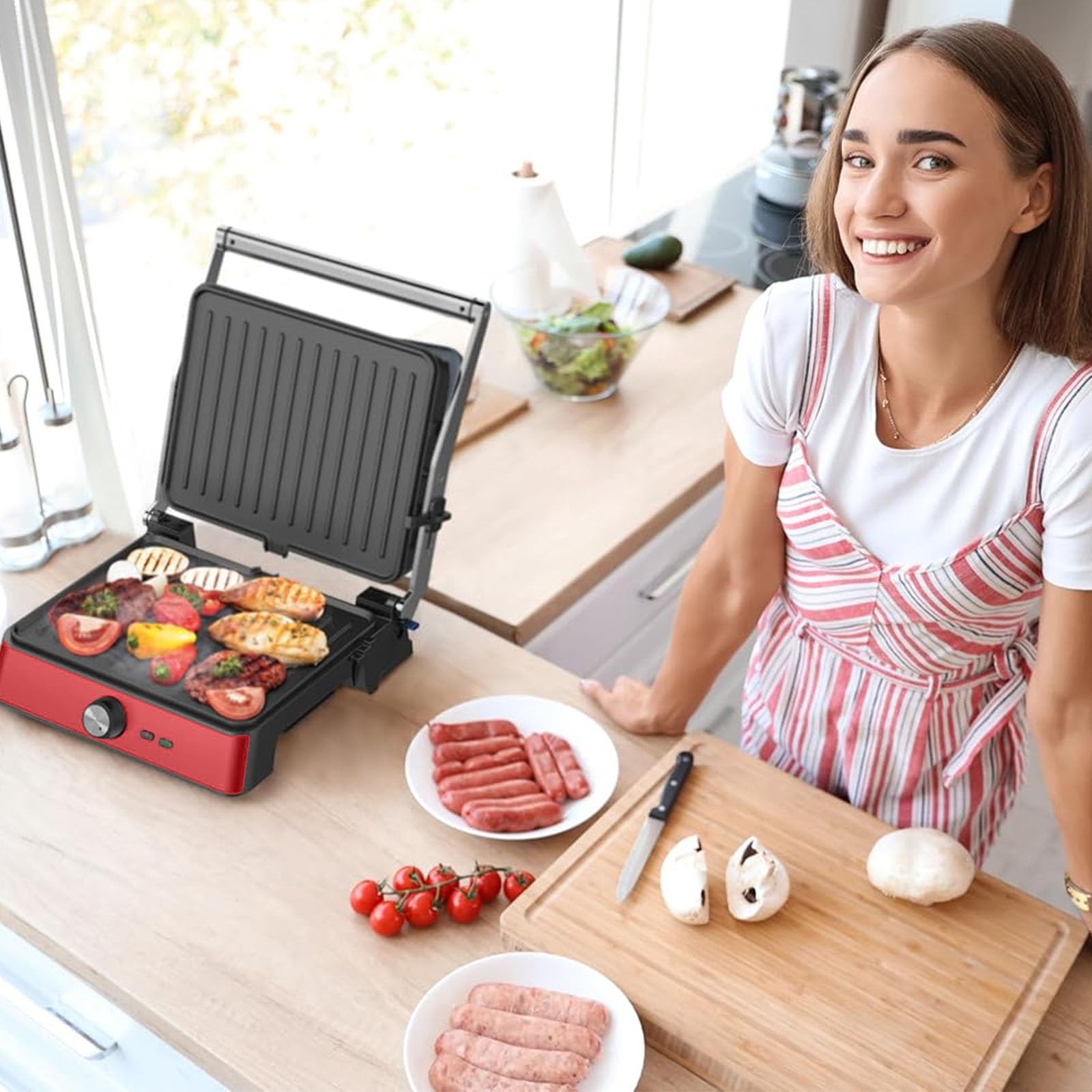 Westinghouse Grill kontaktowy w stylu retro – 29 x 24 cm – 180° do dwustronnego grillowania – 2200 W – toster – regulowana regulacja temperatury – grill panini – żelazo toster – czerwony
