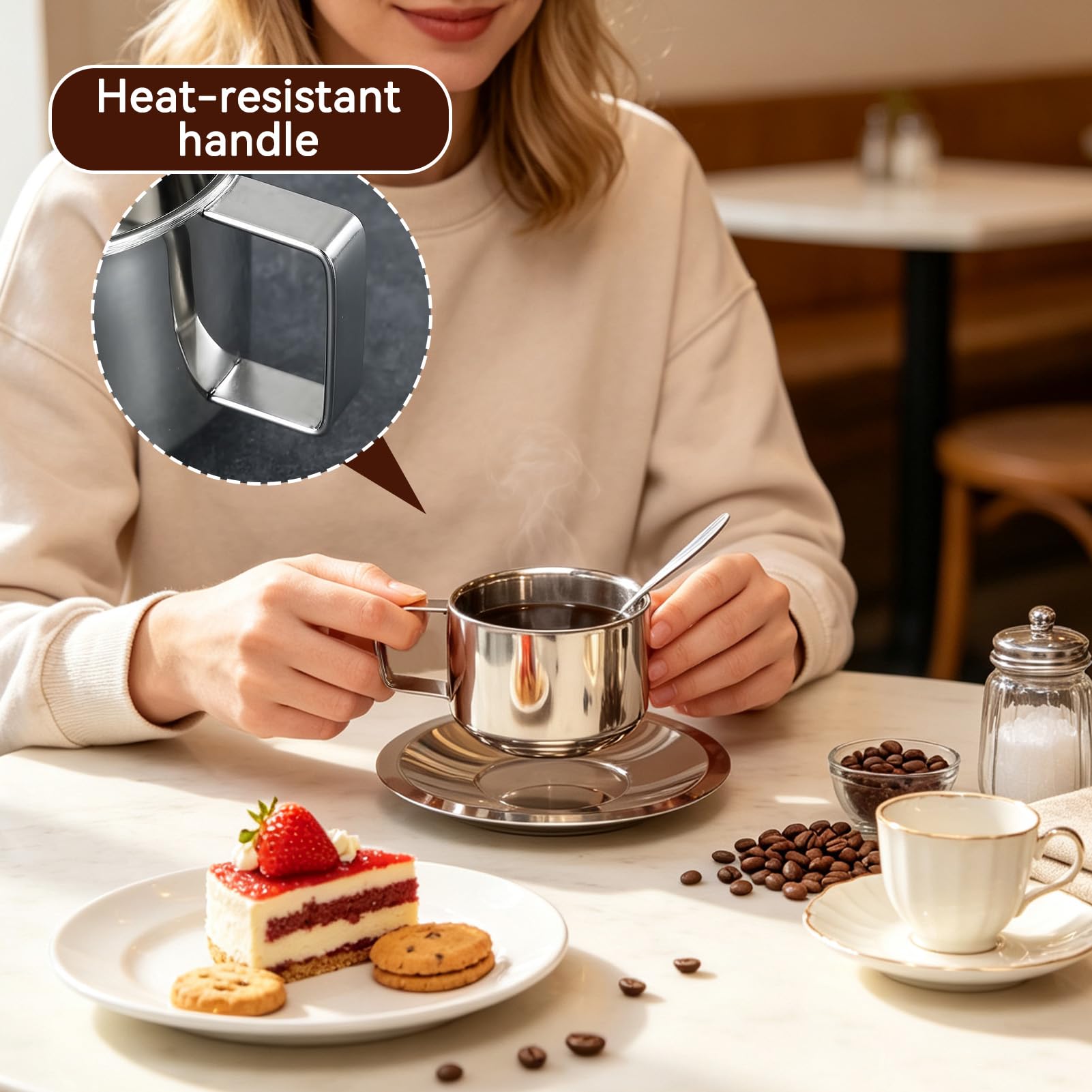 4 Pack Edelstahl Kaffeetasse Set, doppelte Kaffeetassen Tee Tasse Espresso -Tassen mit Löffel und Untertasse für Cappuccino Latte Milk Tea Küchenbedarf