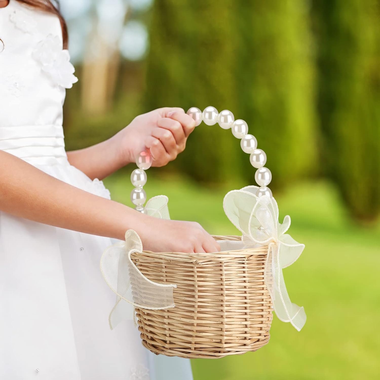 Pearl Hand Basket,Woven Basket with Handle,Small Flower Basket,Flower Girl Basket,Rattan Flower Basket,Mesh Flower Girl Baskets for Wedding Ceremony Picnic Candy Party (S/2PCS)