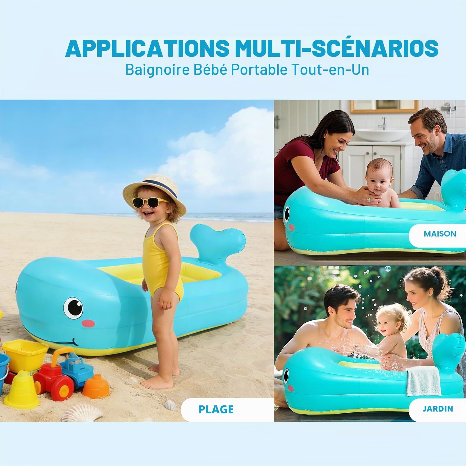 Baignoire gonflable pour bébé en forme de baleine avec support dorsal et motif animal, baignoire, spacieuse, portable, pliable, pour nouveau-nés, piscine légère pour voyage et utilisation à la maison