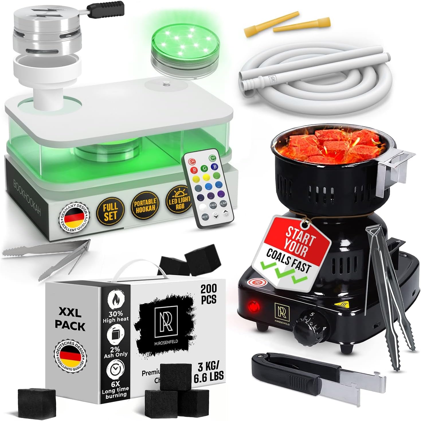 Portable Hookah Set With Everything And Case - Premium WHITE Small Hookah Set - Hookah Coals Coconut Hookah Charcoal – 200 Count & 3 KG - Charcoal Burner - Multipurpose Electric Charcoal Starter