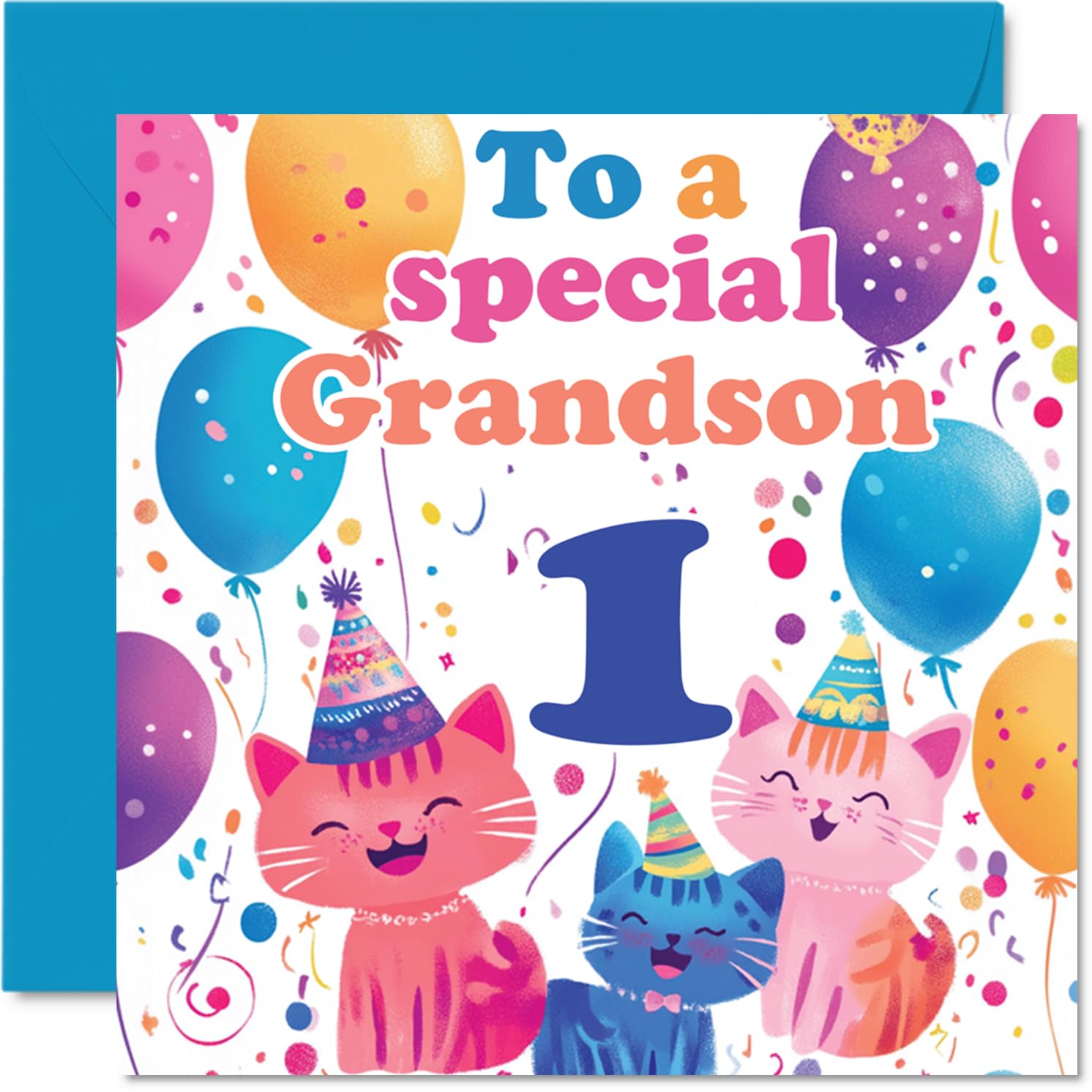 1st Grandson Birthday Card - Cute Cats Special - Happy 1st Birthday Card for Grandson from Nanny, Grandma, Grandad, 145mm Age 1 Greeting