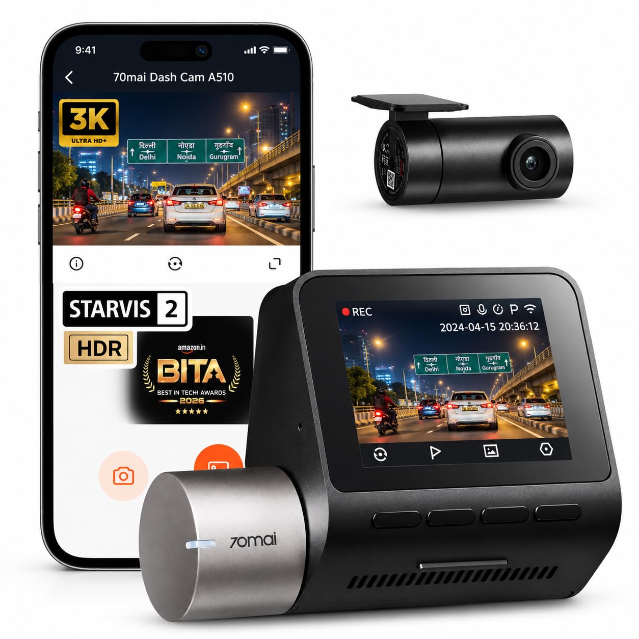 70mai A510 HDR 3K Dual Channel Dash Cam, BITA 2026 Best Dashcam Award Winner, STARVIS 2 IMX675 Sensor, ADAS, GPS Logger, MaiColor Vivid+ Night Owl Vision, App Playback, Parking Monitoring — image 1 of 7