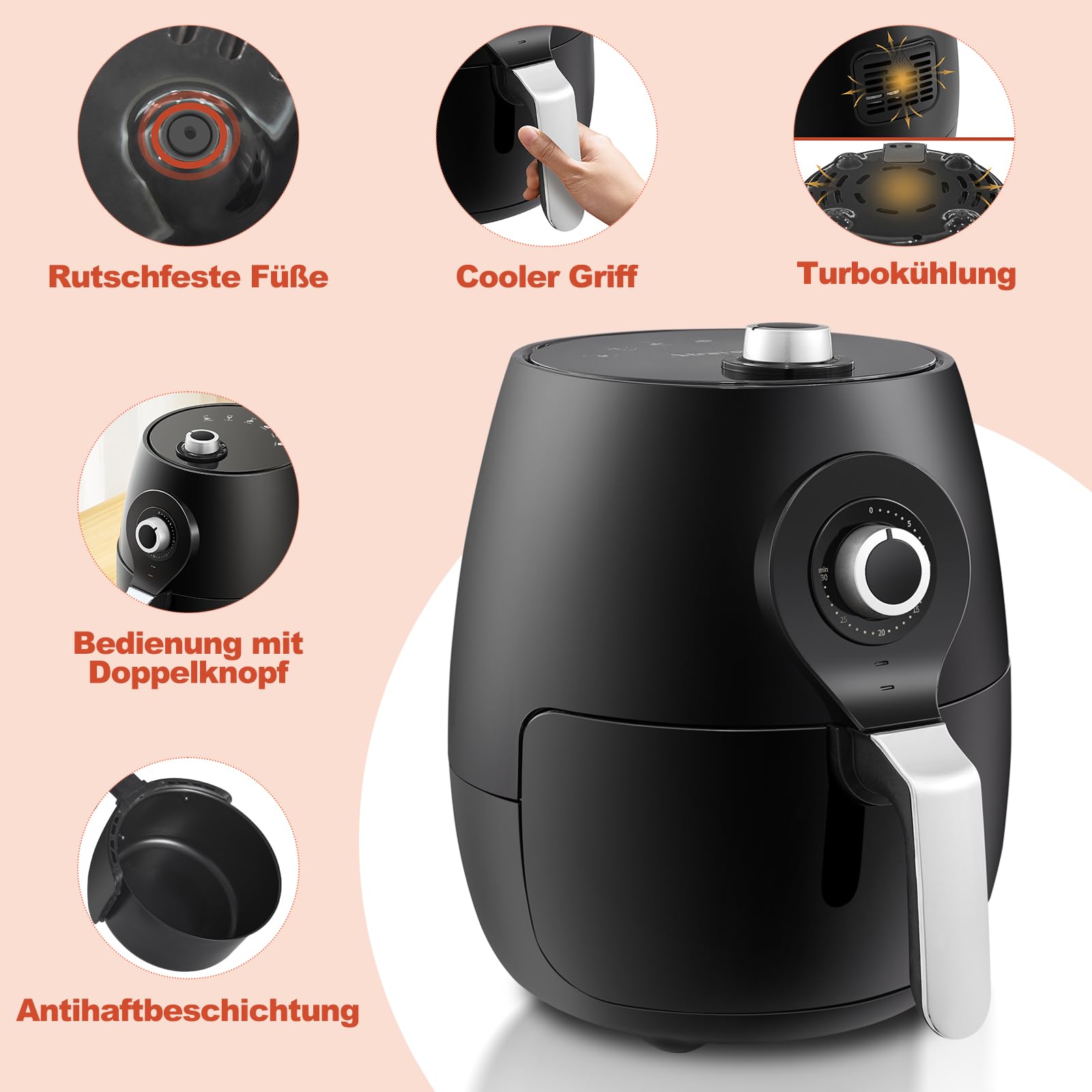 TUKAILAi Family Size Air Fryer con circulación de aire rápida, 5 litros, 1450 W, temporizador de 30 minutos y control de temperatura totalmente ajustable para una cocción saludable sin grasa y sin