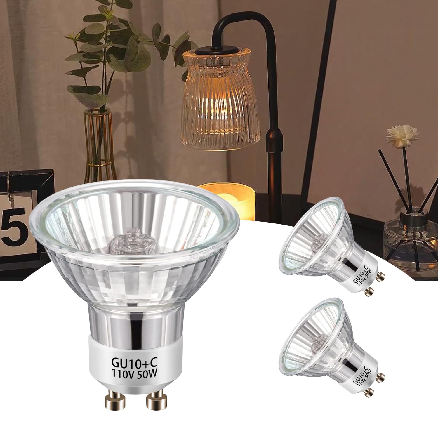 KIWEN GU10 Halogen Light Bulbs for Candle Warmer Lamp, 120V 50W, Dimmable 2700K Warm White, GU10+C Replacement Bulbs, Pack of 2