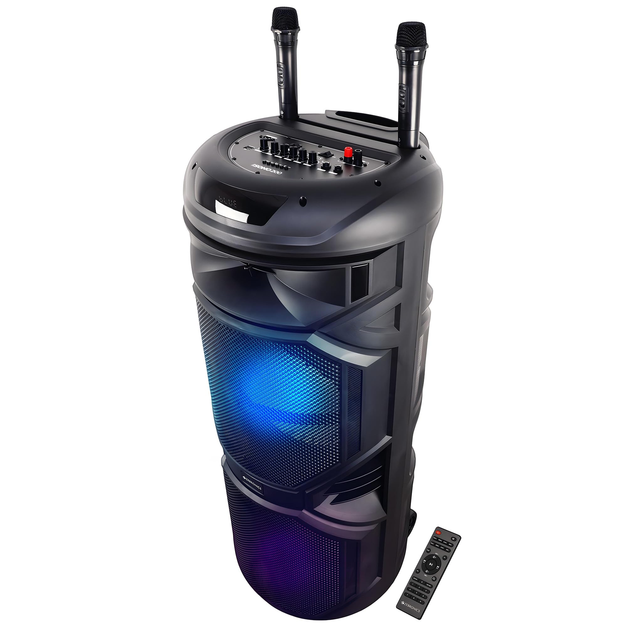 ZEBRONICS SONO 200 Party Trolley DJ Speaker, 200W, Upto 7h Battery, Karaoke, BT v5.0 | TWS | USB | mSD | Mic & GT Input | Aux | FM, Multicolor LED, 2X 15 Full Range Drivers, Included 2X Wireless Mic