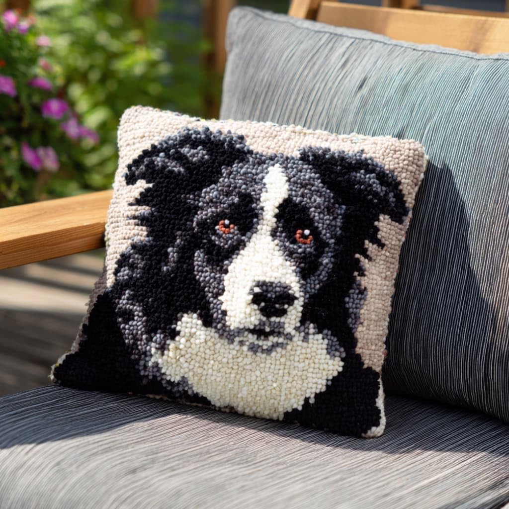 Taxpy Kit Pre-Printed Hook and Latch Rug Kits Border Collie Latch Hook Cushion Kit for Adults Beginners Cross-Stitch Embroidery Cushion Cover for Home Sofa Decoration 17X17 Inch
