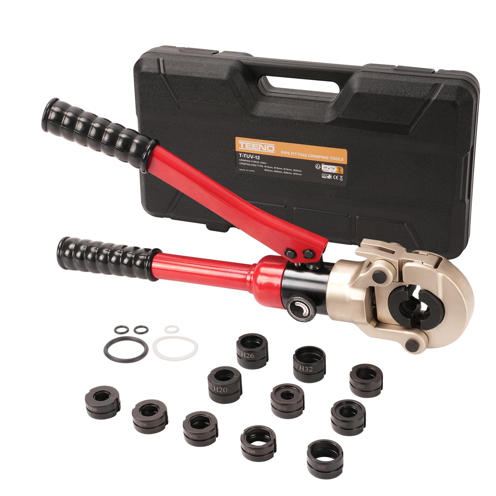 Alicates Prensadores de Tuberías TEENO Juego de Pinzas de Prensa Profesional con 12 Contorno, para Conexiones de Tubería con Matrices TH y U Φ 16/20/25/26/32mm,V Φ15/18/22/28 mm
