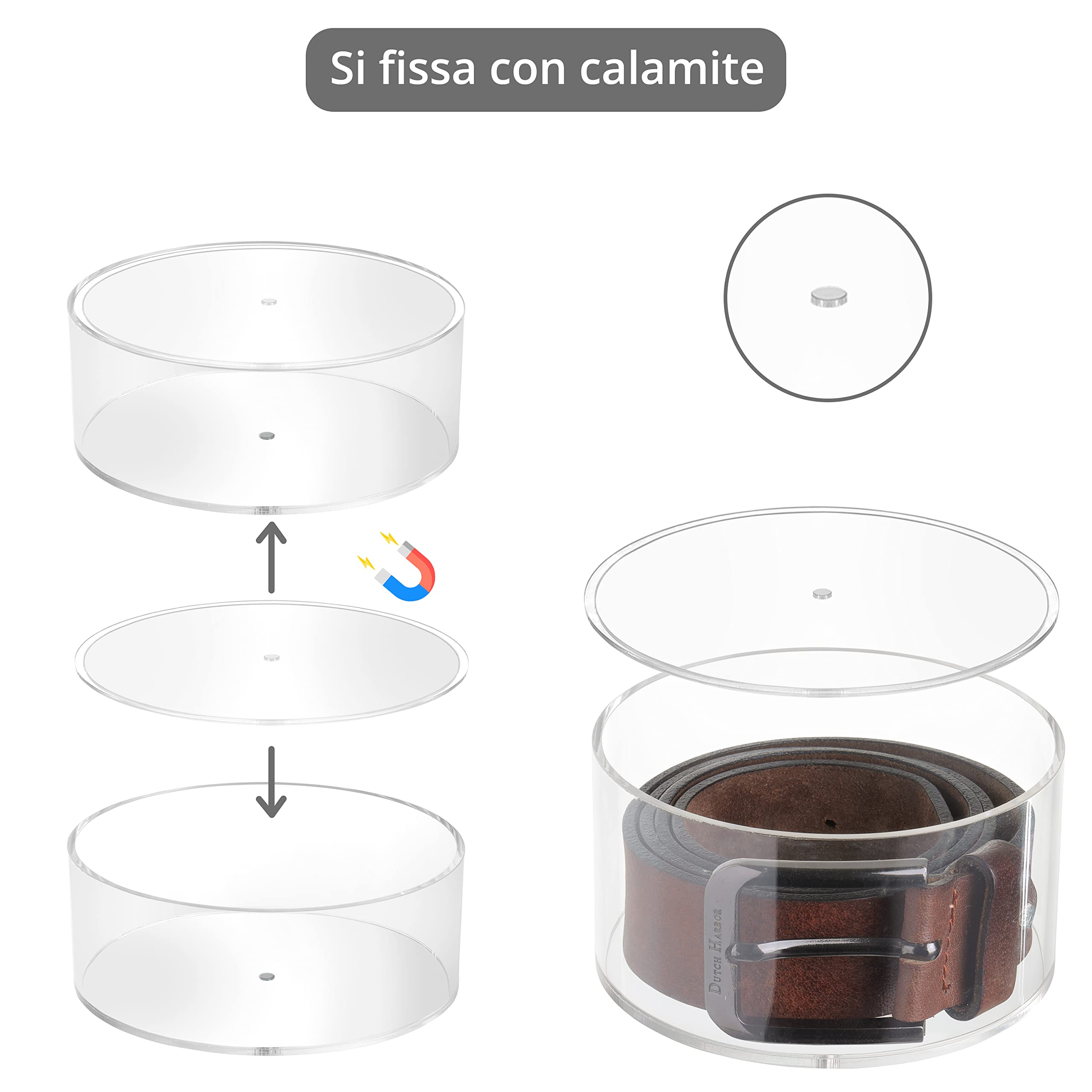Organizer Cinture a 3 Livelli - Porta Cinture Trasparente Rotondo con Coperchi Magnetici - Organizer Trasparente in Plastica Impilabile - Espositore Cinture, Gioielli, Porta Orologi Uomo, Trucchi