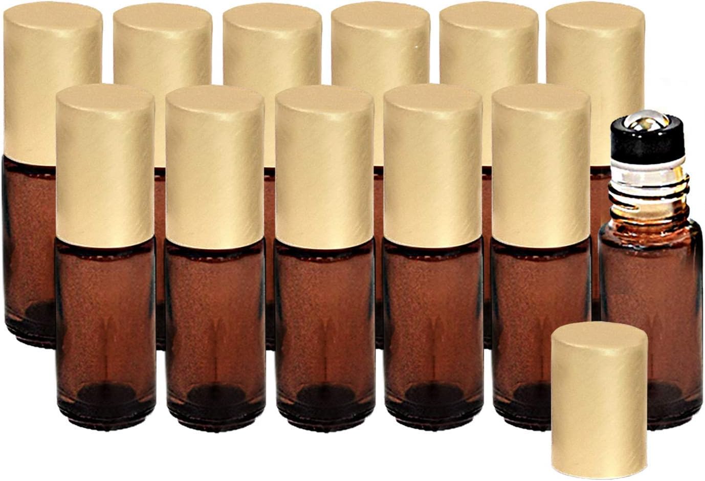 Holistic Oils 5ml Gold Lid Roller Bottles for Essential Oils, Amber Glass Bottles (12 Pack), Amber Essential Oil Bottles with Stainless Steel Rollers to Apply Smoothly on Your Skin