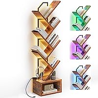 Casaottima Tree Bookshelf with RGB LED Lights, 6-Tier Narrow Bookcase for Small Spaces, Tall Steel Wood Storage Shelf Vintage Organizer