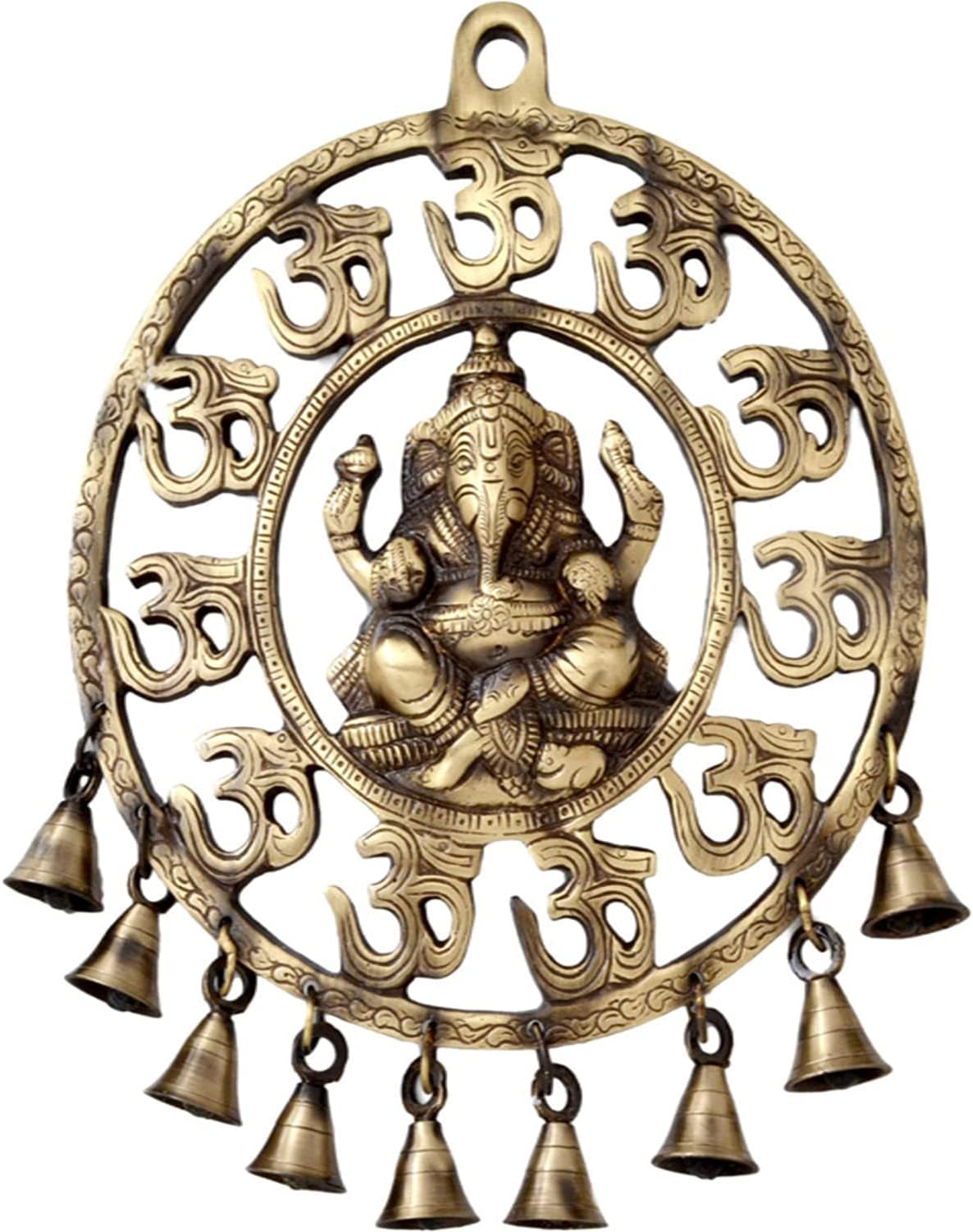 Ganesha Wall Hanging Brass Dream Catcher Ganesh with Spiritual Om & Bells Wall Sculpture Antique Décor Indian Nepali Hindu Ganpati for Home Office Entrance Decoration and Gifting - Handmade in India