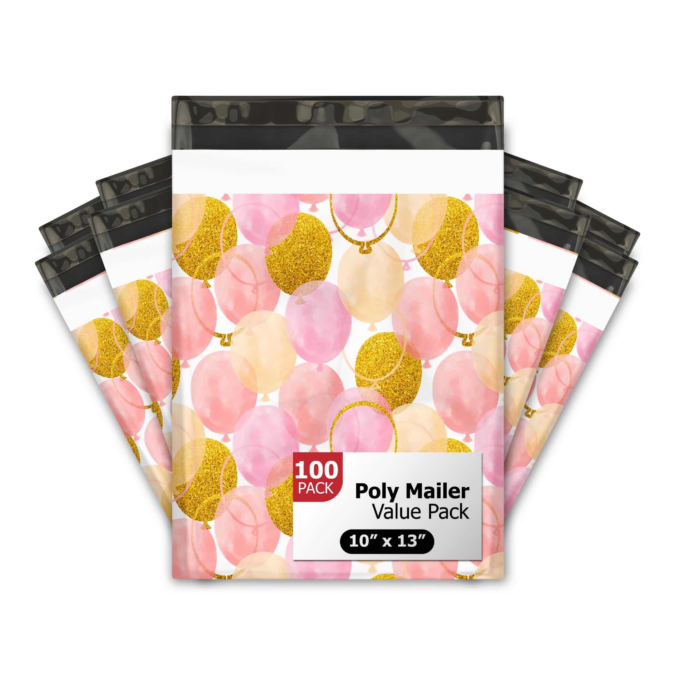 10x13 (100) Pink and Gold Balloons Designer Poly Mailers Waterproof Self Sealing Tear Resistant Polymailers Shipping Envelopes Premium Printed Bags For Small Businesses