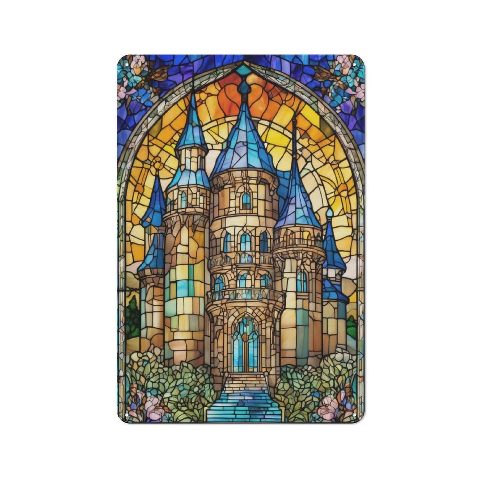 Junmoney Stained Glass Castles Classic Metal Wall Decor 30X20cm, Metal Sign For Cafe, Pub, Workshop Or Home Bar, Small Accent For Blank Walls