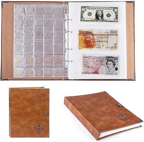 Suministros de colección de monedas, álbum de cuero para coleccionistas con 150 bolsillos para monedas y 240 colecciones de moneda de papel, libro