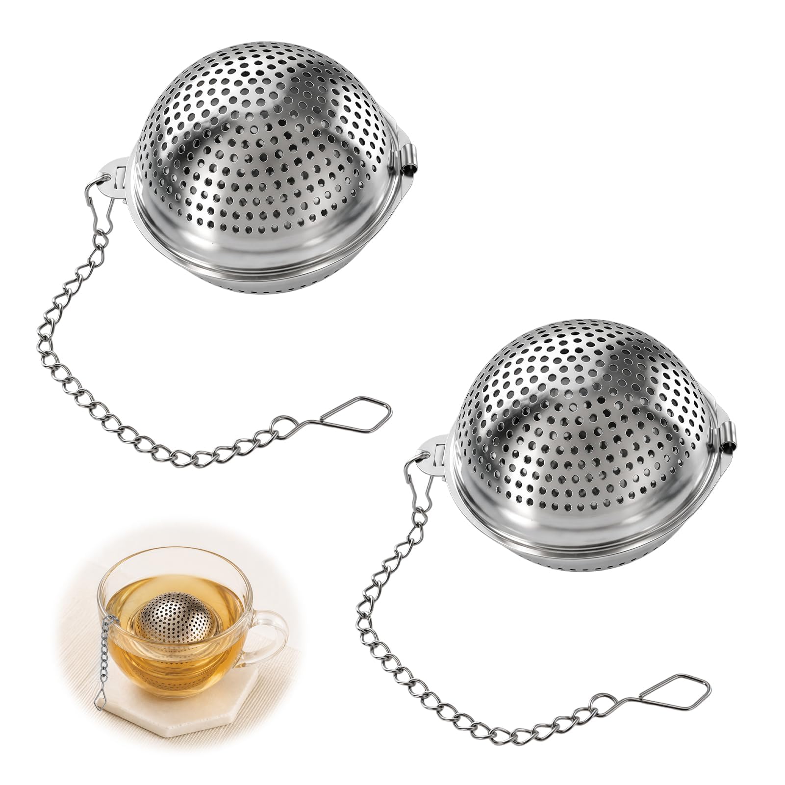 2PCS Tea Strainer Balls with Chain, 304 Stainless Steel Tea Infuser 5.6 * 4.5cm, Reusable Fine Mesh Tea Filter for Loose Leaf Tea, Spices, Teapot, Cup, Mug (Silver)