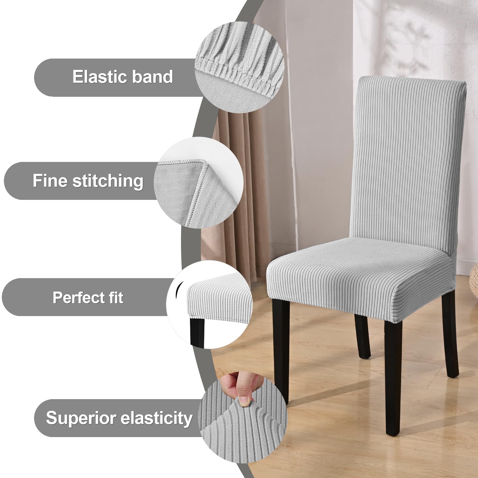 Alishomtll Dining Chair Covers Set of 4 Stretch Streaks Chair Covers for Dining Chairs Elastic Removable Chair Slipcover Reusable Washable Chair Protector for Kitchen Hotel Banquet (Light Grey - Image 4