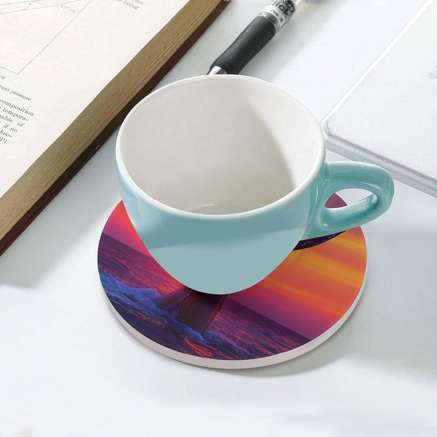 Humpback Whale Tail in Sunset Round Ceramic Coasters Print Drinks Absorbent with Cork Base for Home Decor Gifts 4 Inch