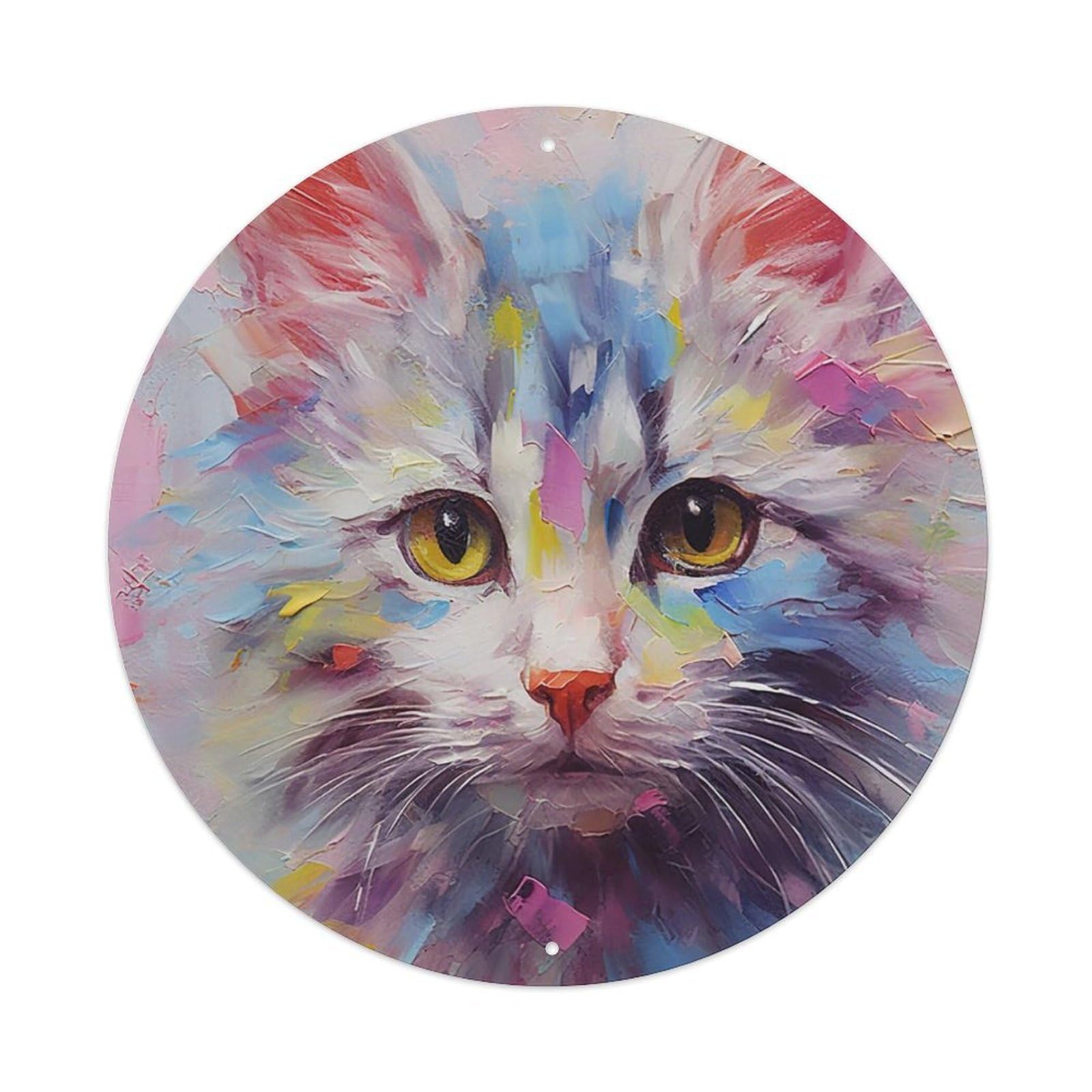 Visual Oil Painting Art Lovely American Shorthair Vintage Metal Tin Sign Plaque Wall Decor for Cafe, Club, Garden Round Metal Poster 8x8Inch
