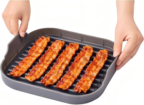 Jillmo 10 Inch Silicone Microwave Bacon Cooker, Large Bacon Tray with Grease Draining Design, BPA-Free, Dishwasher Safe, Grey