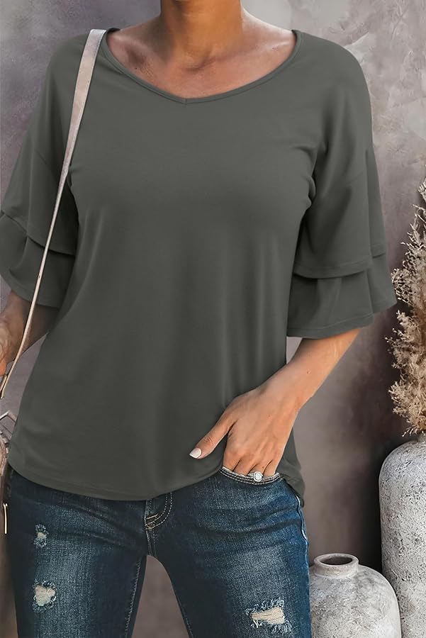 REORIA Shirts for Women's 2026 Ruffle Short Sleeve T Shirts Casual V Neck Cute Tops Fashion Blouse Clothes Dark Green Medium - image 6