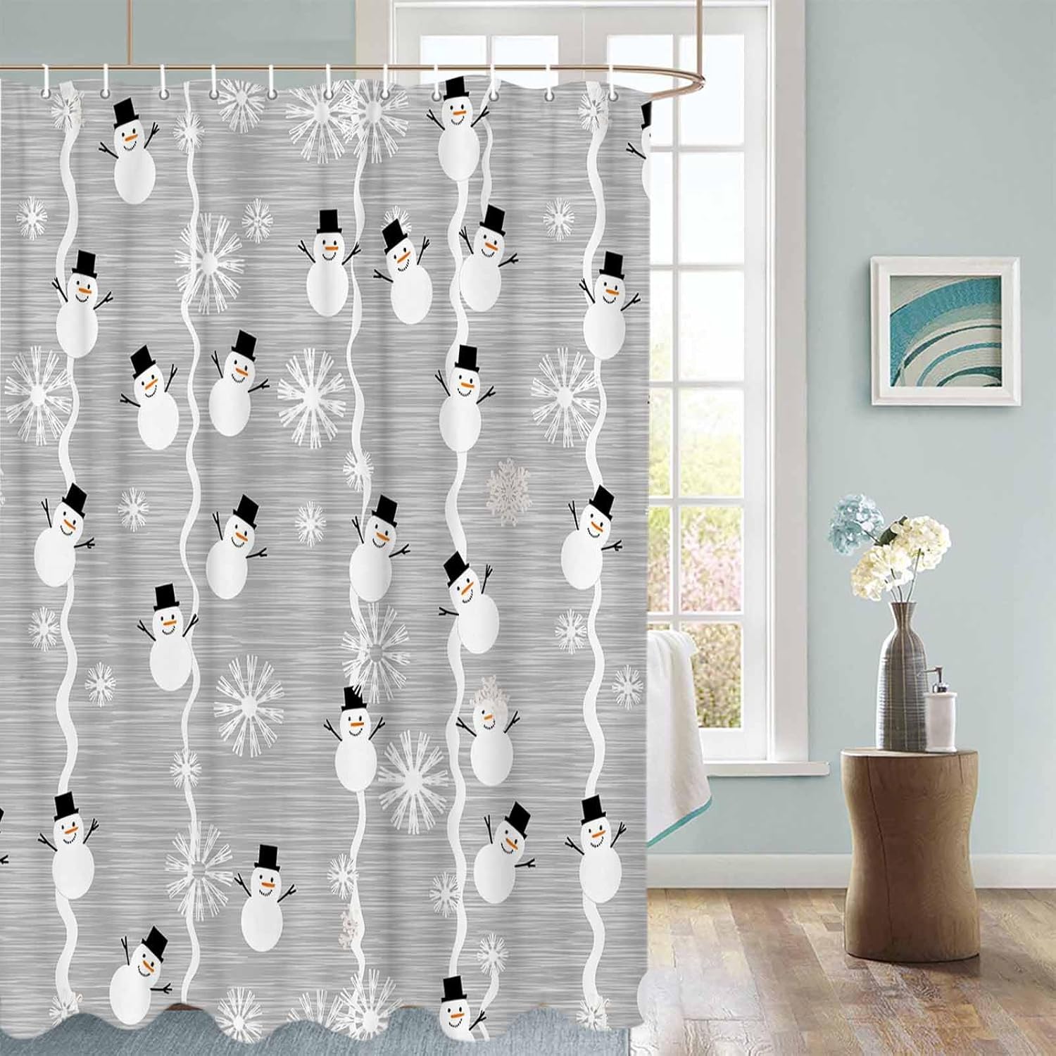 Libaoge White Shower Curtain Sets Winter Snowman and Shiny Snowflake Grey Soap Free Waterproof Fabric Polyester Shower Curtain - Come with Hooks 60" W x 72" H