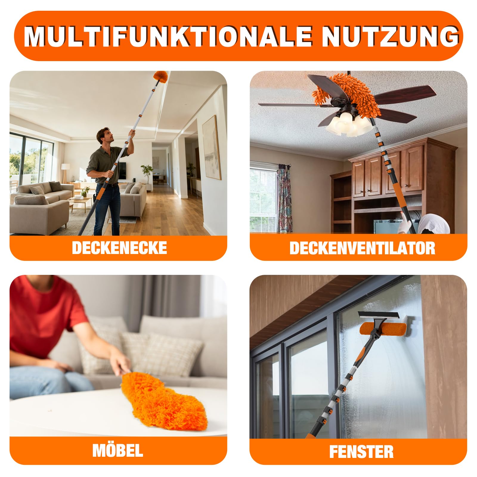 SISUPASSIE 7,2m Staubwedel Teleskop, Spinnenwebenentferner waschbar, Fensterputzer mit Teleskopstange für Decken, Fenster und Möbel