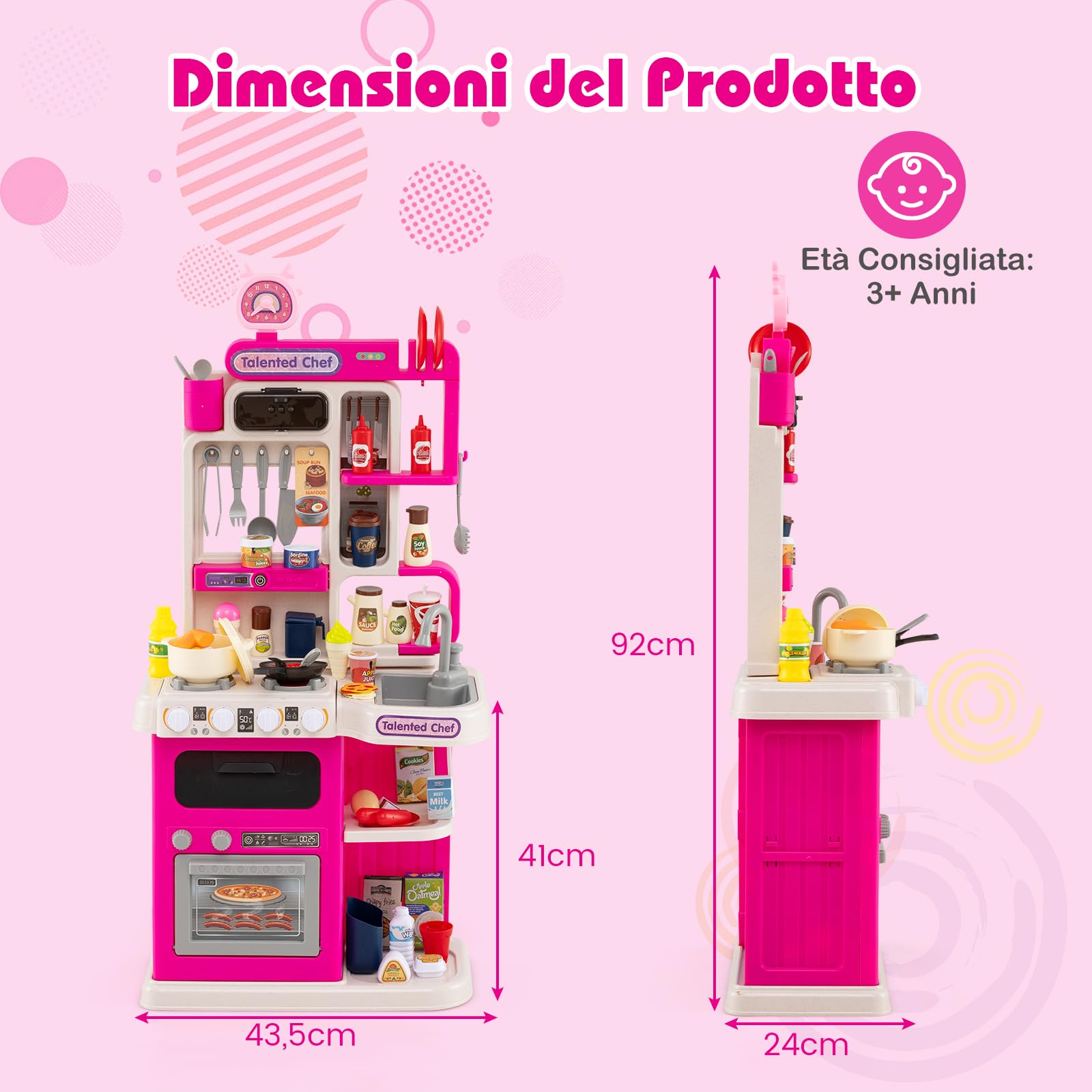 GYMAX Cucina Giocattolo per Bambini, Set Giochi da Cucina con Fornello, Frigorifero, Microonde, Lavello, Rubinetto, Acqua Vapore, Suono e Luce, Gioco di Ruolo con 95 Accessori (Rosa)