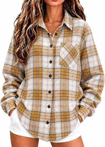 Womens Flannel Shirts Long Sleeve Plaid Pattern Relaxed Fit Fall Casual Top