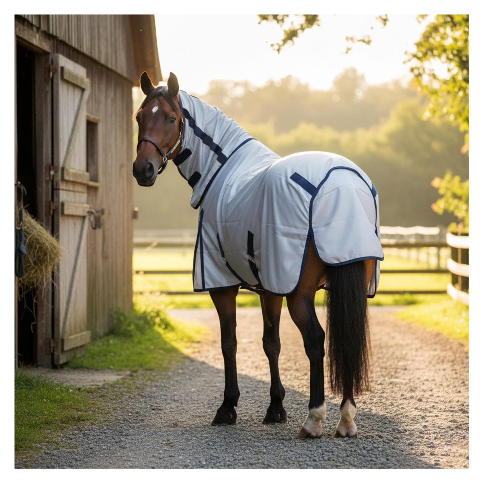 Manta para Caballos Repelente de Mosquitos Manta Anti-Moscas con Cuello con Cinturó para pastos y pastoreo,51in(130cm)