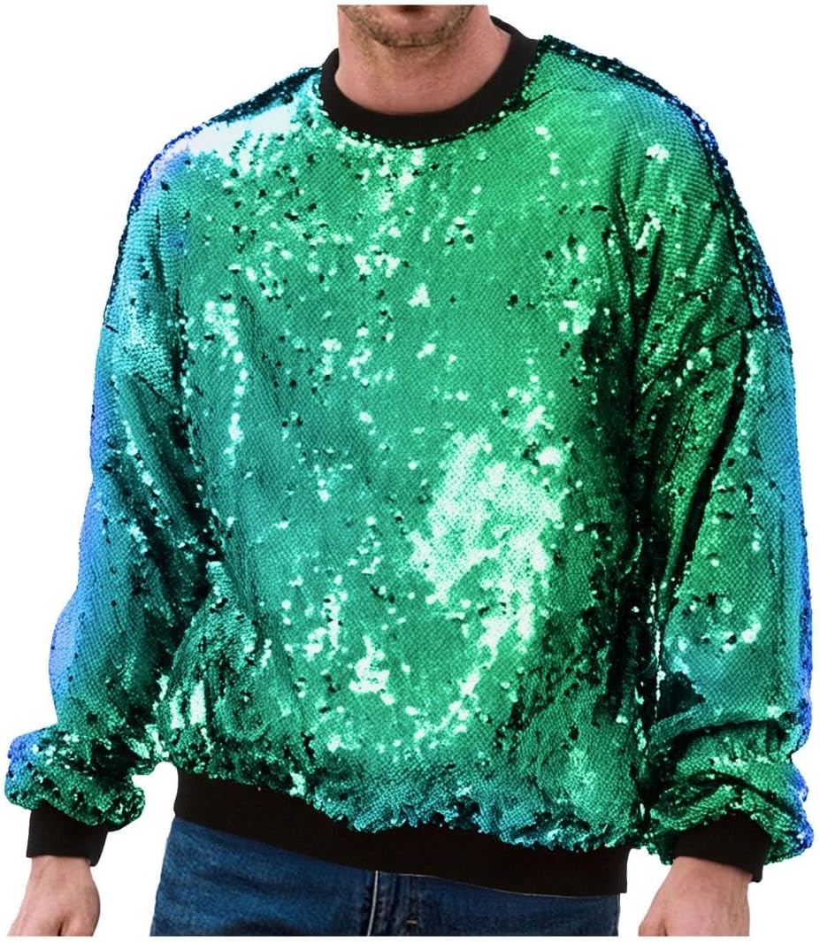 Disco Outfit Men Sequin Shirt 70s Retro Long Sleeve Glitter Metallic Pullover Shirt Party Costume Nightwear Top