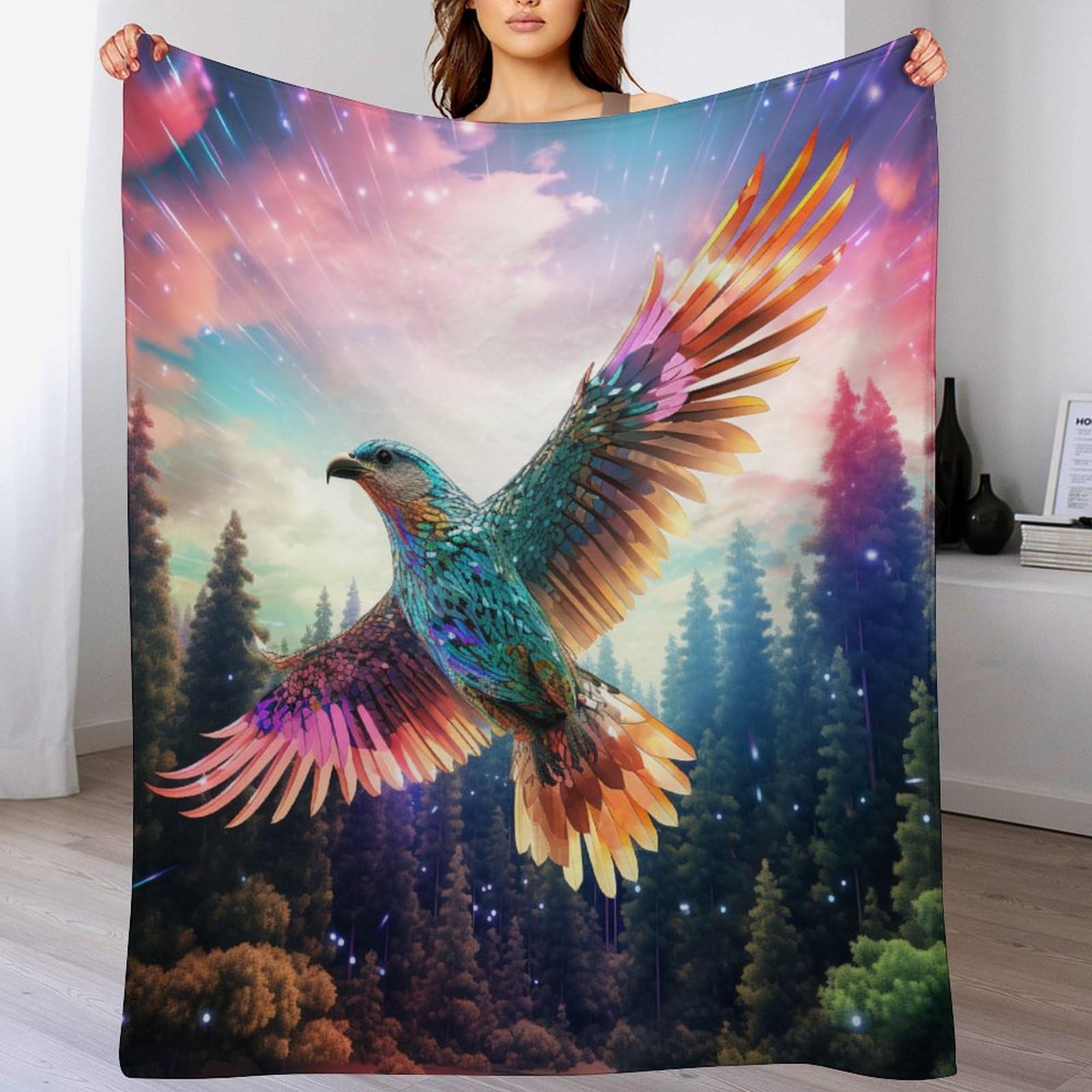 Manta de pájaro colorida para tardes acogedoras de relax y lectura en el sofá de tu salón