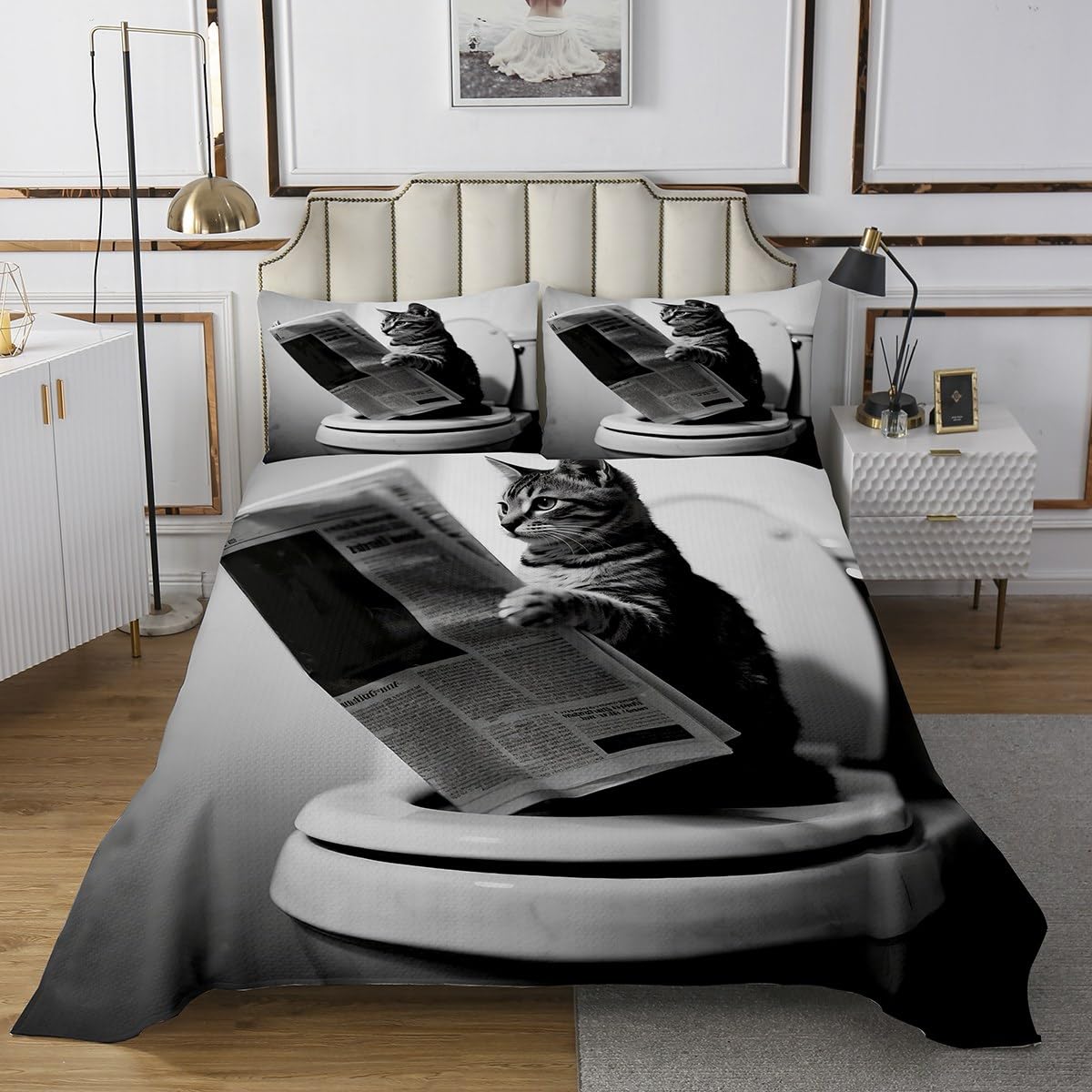 Erosebridal Cat Quilted King Size Kawaii Kitten Bedspread for Kids Boys Girls Newspaper Reading Cute 3D Black Grey White Quilted Coverlet Soft Luxury Coverlet Set