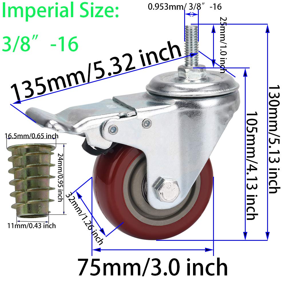 DICASAL 3 Inch Heavy Duty Stem Casters 360 Degree Swivel Durable Wheels Castors with Imperial Size 3/8"-16x1 Threads Dual Safety Locks and Bearings Easy to Install for Furniture and DIY Tools