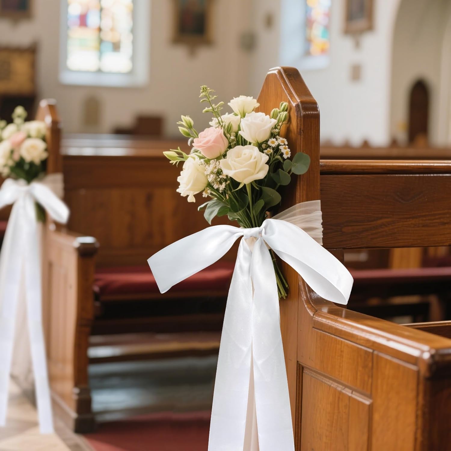 24 Pcs Large Wedding Aisle Ribbon Bows with Long Tails, 9.8 x 35.8 Inch Ceremony Pew Ribbon Bows Decorations for Wedding Bridal Shower Reception Church Bench, White