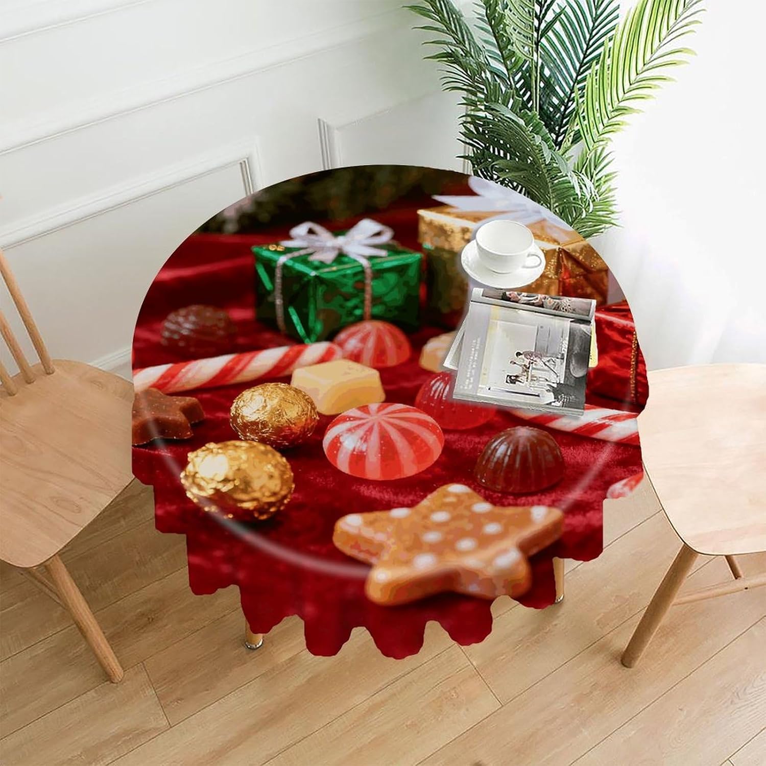 Round Christmas Candy Tablecloth 60 in Waterproof Spill-Proof Wipeable Table Cloth Indoor and Outdoor Table Cover Premium Polyester Decor Tablecover for Dining Kitchen Party