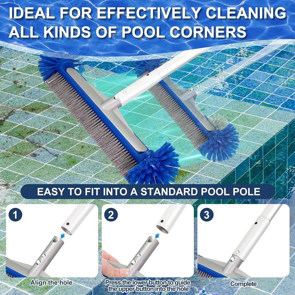 Poolbürste mit Runden Enden,43CM Pool Reinigungsbürste mit Längenverstellbarer Aluminiumstange und Erstärkter Metall Rückseite,Reinigungsbürste für Pool,Robuuste Borstel(Blau)