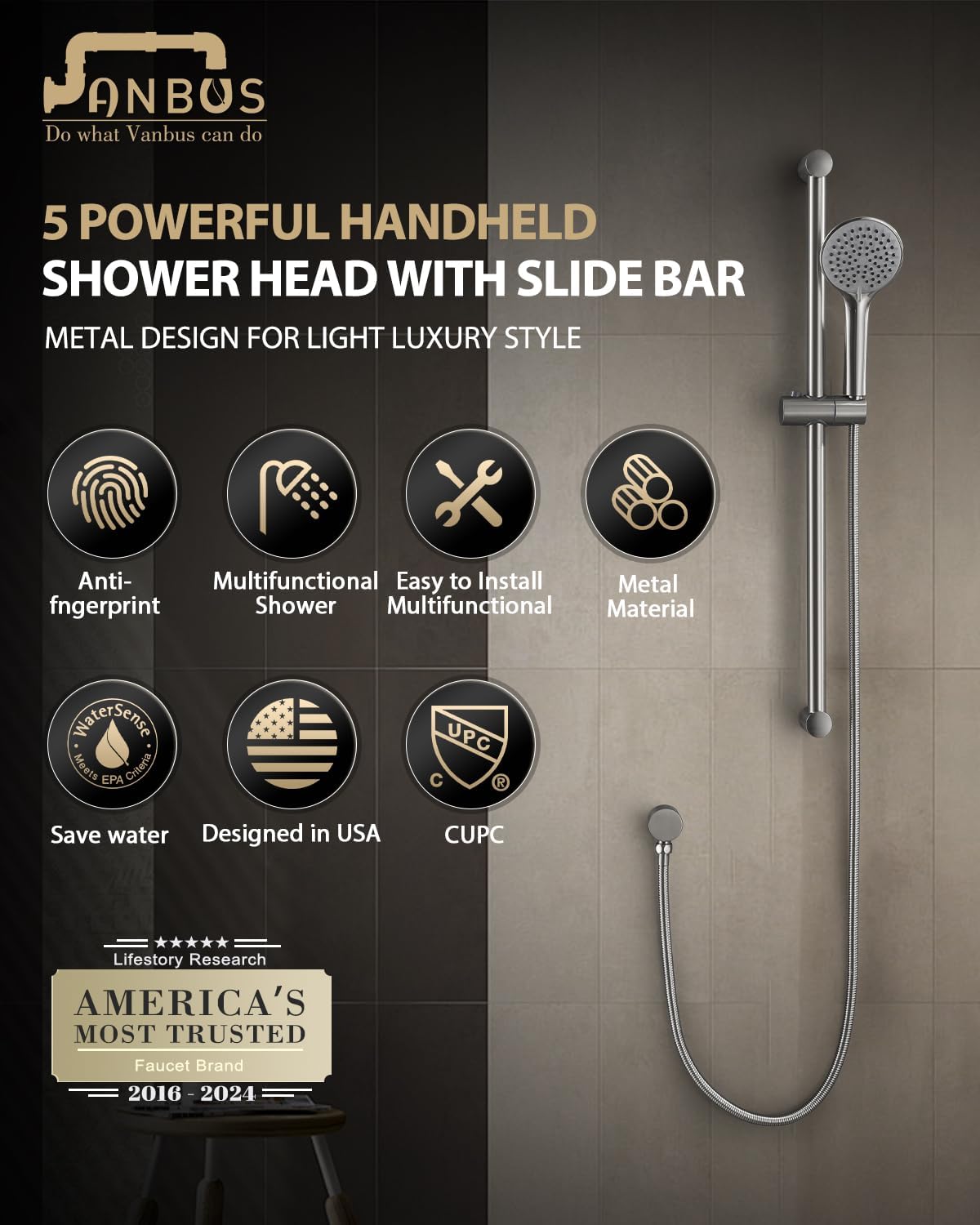 5-Function Handheld Shower Head with Slide bar,Shower Slide Bar System, 304 Stainless Steel Hose with Brass Outlet Elbow, 30-inch Slide bar, Adjustable Holder Set((Brushed Nickel))