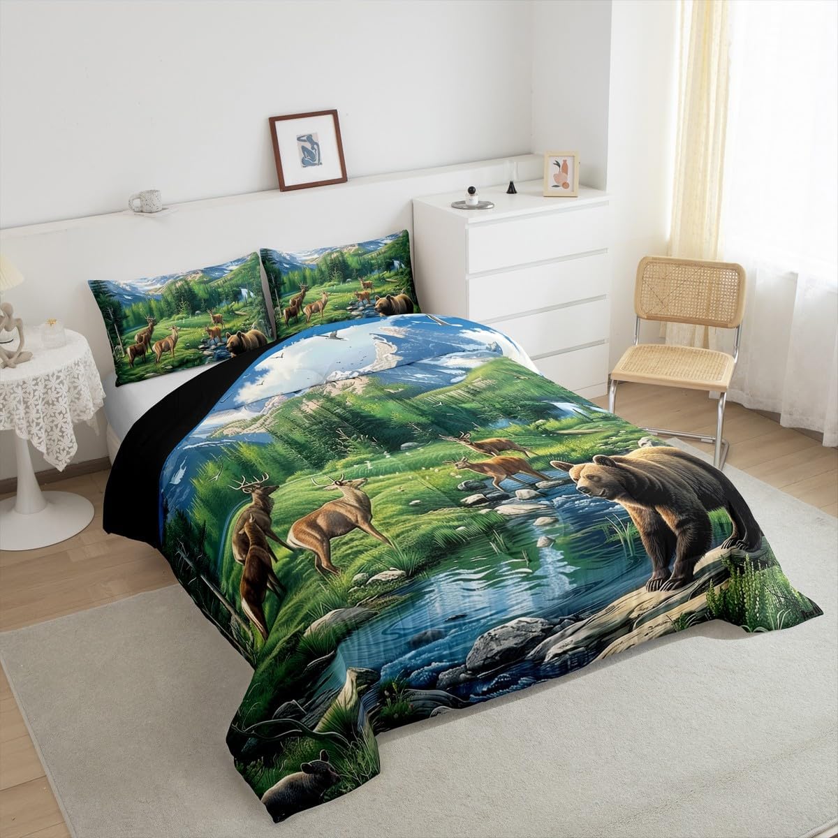 Erosebridal Woodland Bear Deer Comforter Set Queen Size River Mountains Birds Bedding Set for Kids Girls Women Wildlife Elk Natural Plants Comforter Landscape Green Blue Quilt Bedroom Decor