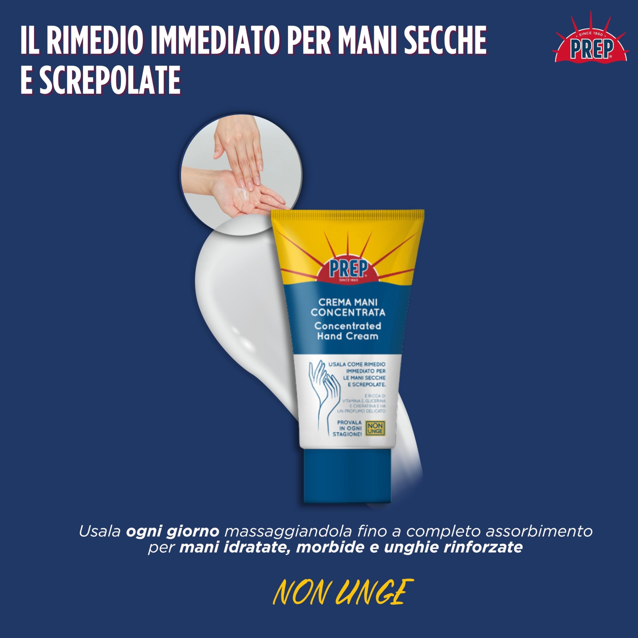 Prep, Crema Mani Concentrata, Con Vitamina E, Glicerina e Cheratina, Profumo Delicato, Non Unge, 75ml
