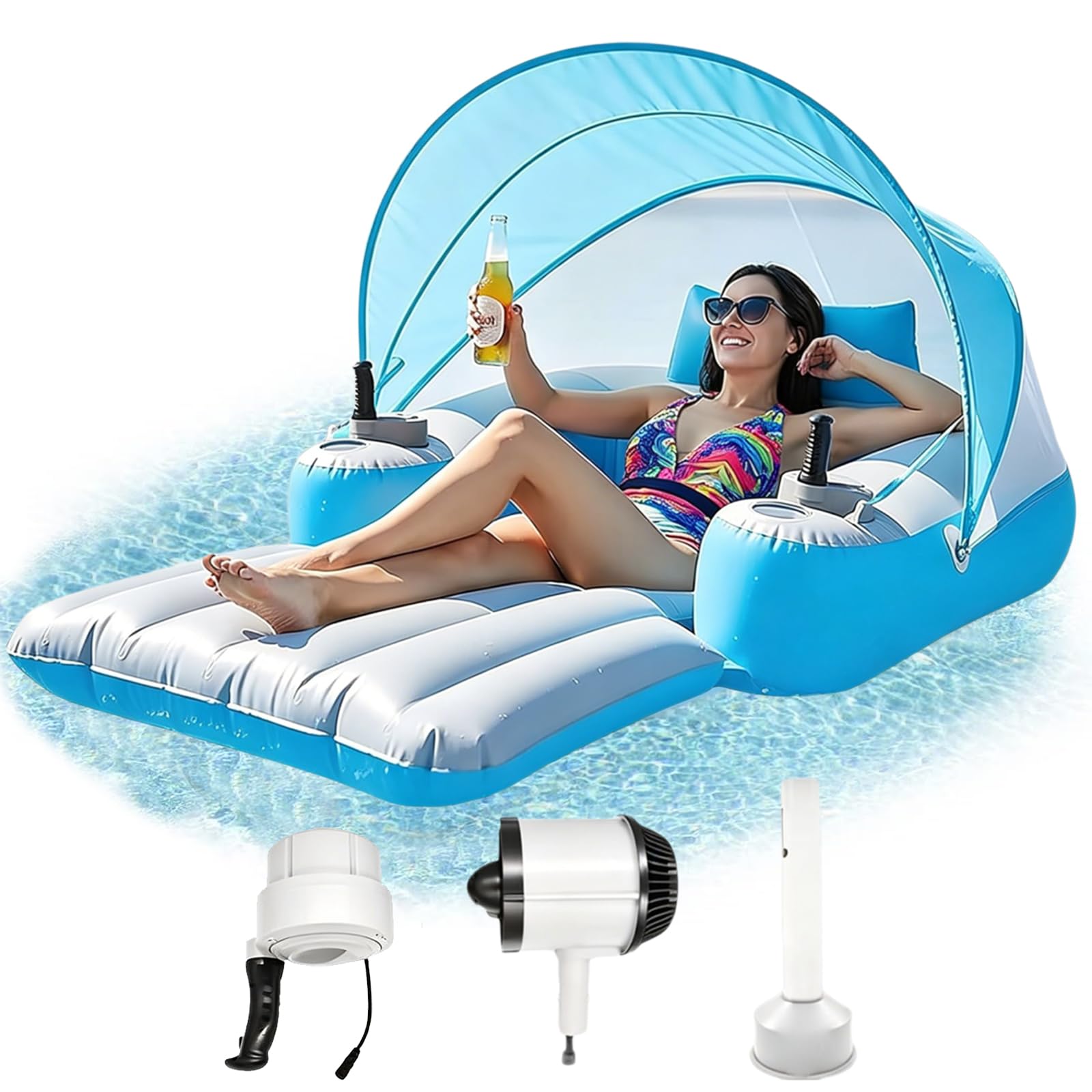 Materassino da Piscina Motorizzato, Lettino Gonfiabile Elettrico con Elica Rotante a 360°, Tettuccio Rimovibile, Batteria Ricaricabile e Pompa Elettrica per Piscine, Laghi e Spiagge