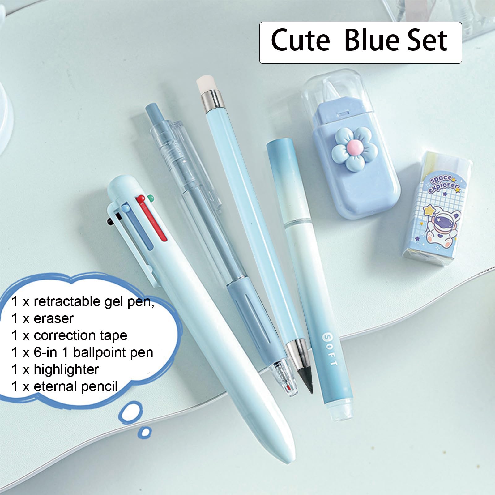 Lot de 6 articles de papeterie bleus mignons pour filles, garçons, enfants, femmes, fournitures de bureau pour la rentrée scolaire, fournitures de bureau avec stylos à encre gel, stylos à bille 6 en 1