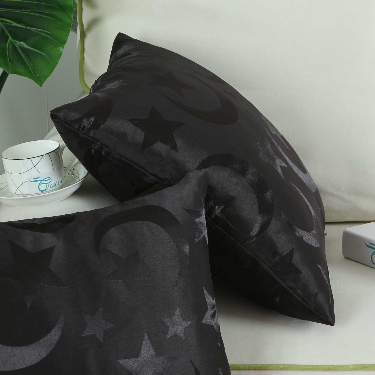CaliTime Pack of 2 Throw Pillow Covers Cases for Couch Sofa Home Decor Modern Shining & Dull Contrast Stars & Moon 18 X 18 Inches Black